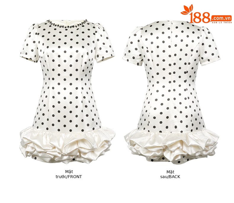 Váy chấm bi xù cổ tròn đính kim cương giả phong cách retro — quả mơ chấm bi chi tiết 3