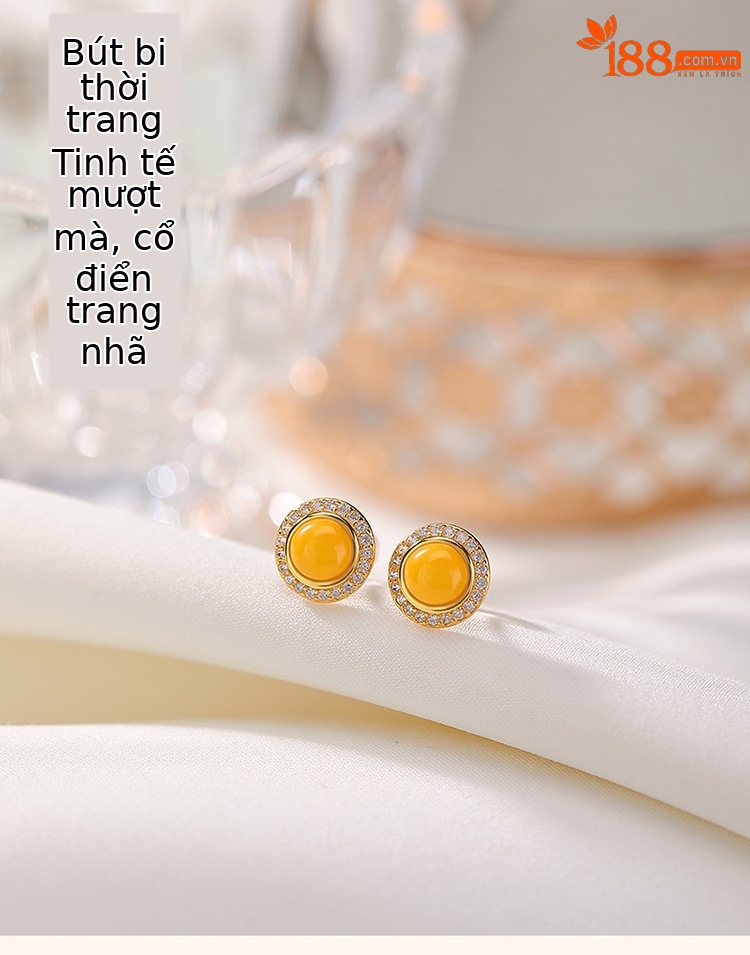 Bông tai bạc S925 tròn đính hạt hổ phách hình học — một cặp chi tiết 2