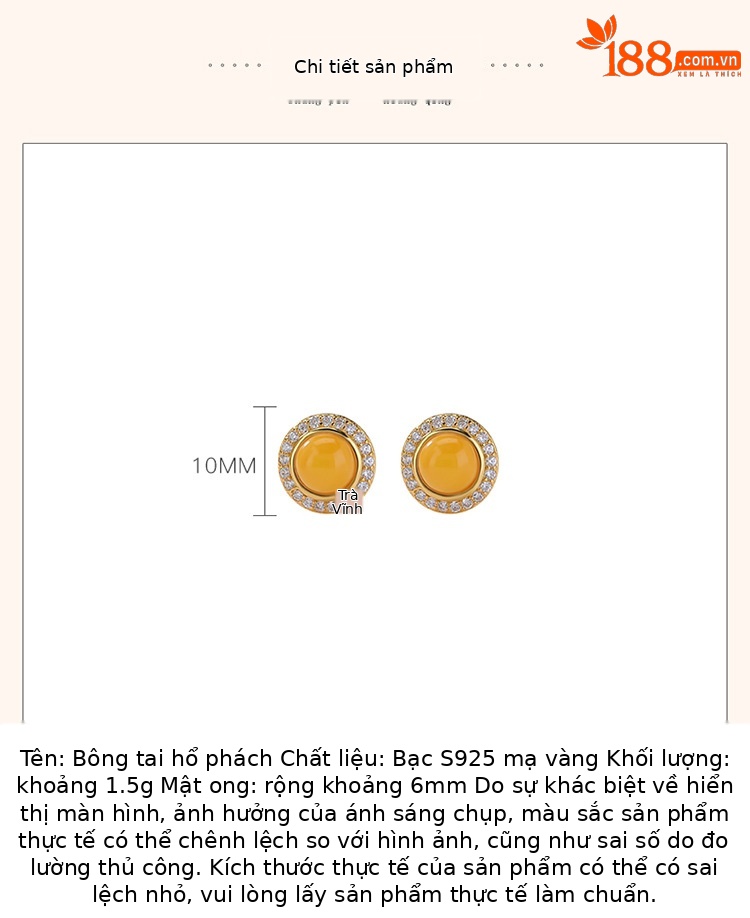 Bông tai bạc S925 tròn đính hạt hổ phách hình học — một cặp chi tiết 3