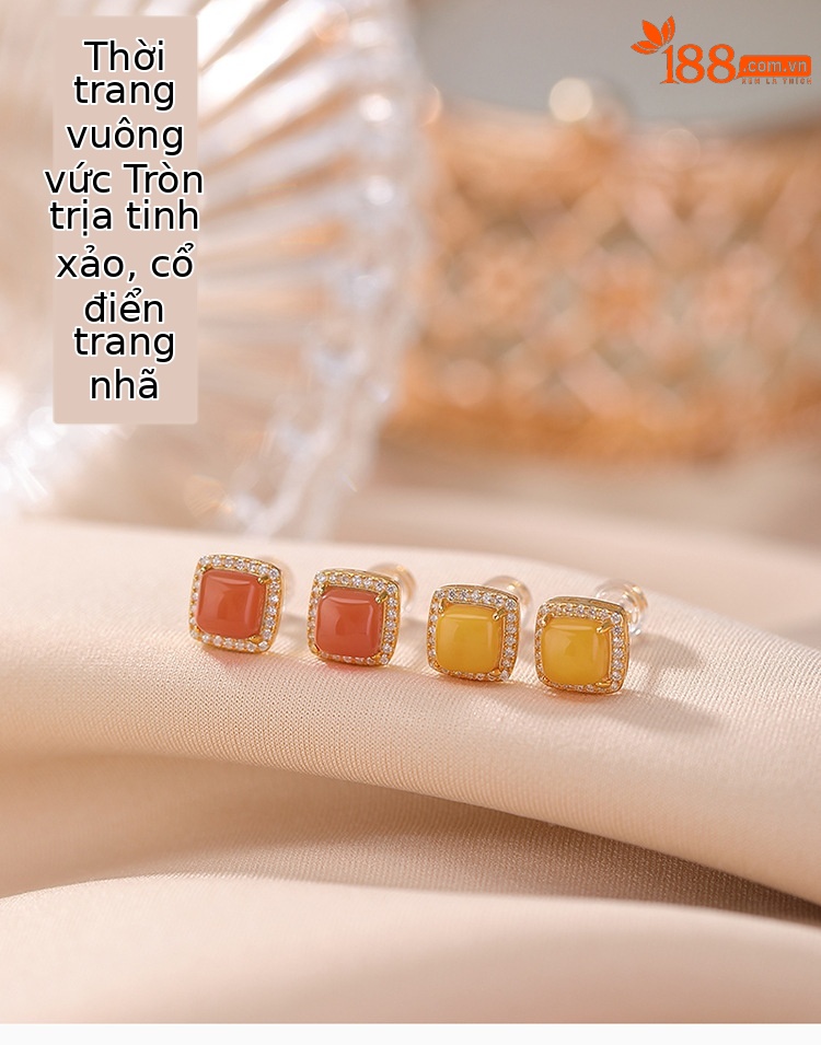 Bông tai bạc S925 mạ vàng đính hổ phách hình vuông phong cách hình học — Mô hình sáp ong chi tiết 1