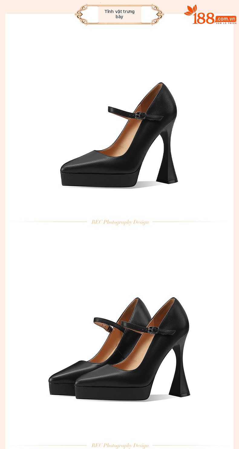 Giày sandal cao gót nữ mũi nhọn da thật, gót siêu cao 12 cm, quai một dây, đế platform, phong cách dạ tiệc — đen chi tiết 2