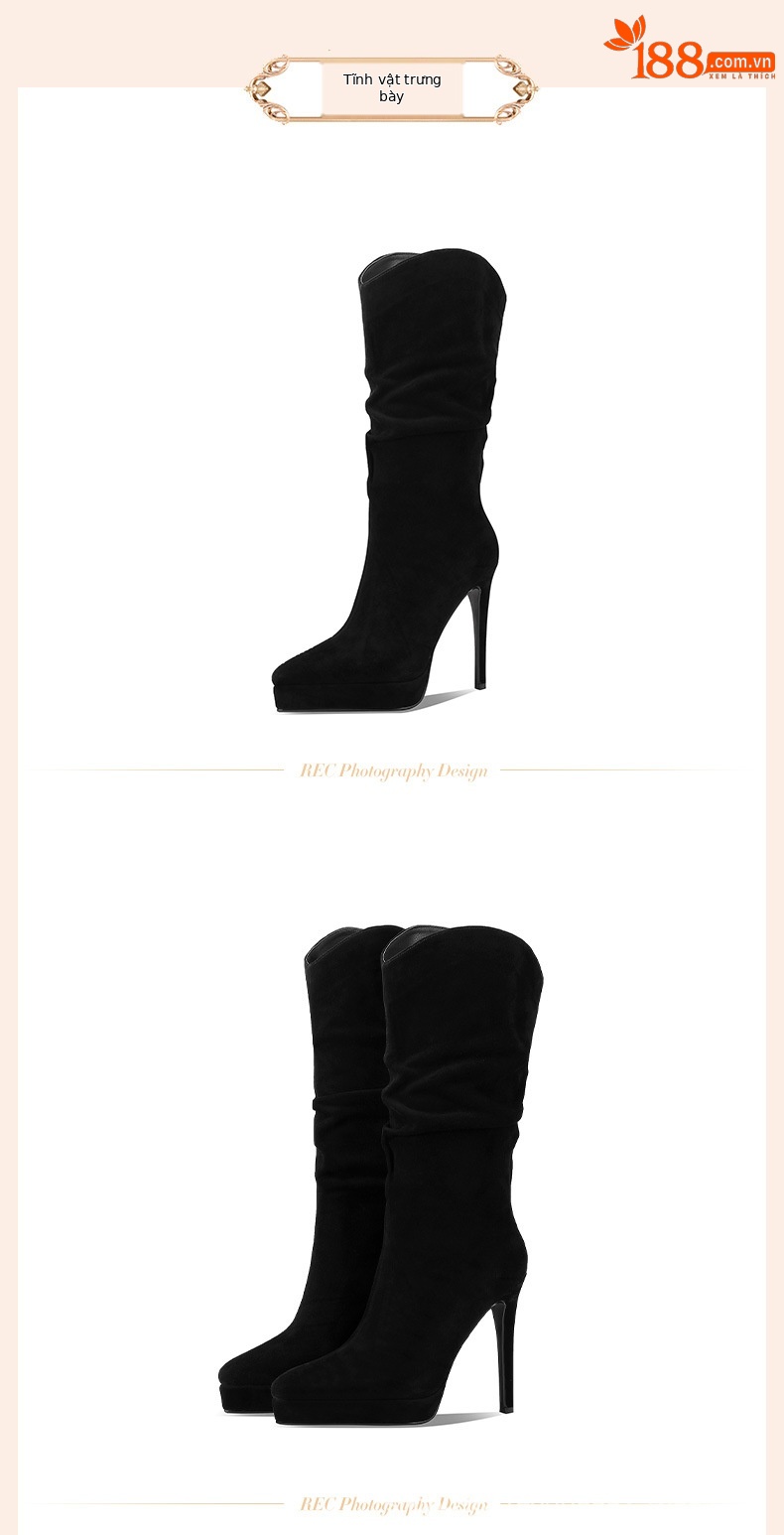 Boot nữ cổ cao da cừu thật chống nước, mũi nhọn kiểu Pháp, gót platform 10 cm — Kaki đơn li 10cm chi tiết 1
