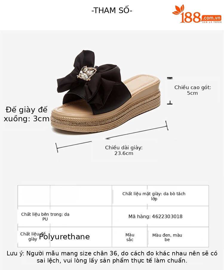 Dép nữ xỏ ngón da bò thật đế dày gót wedge nơ — 4622303018 màu đen, 4622303018m màu chi tiết 1