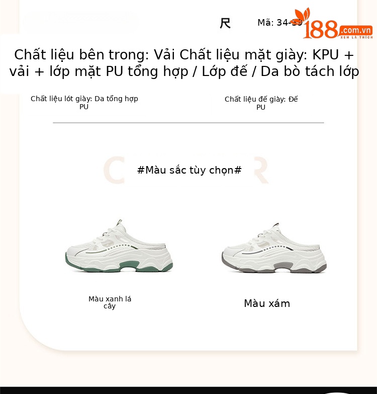 Giày sneaker nữ chunky đế dày lưới thoáng khí kiểu bố mùa hè, dép lê nửa kín mũi — 4622101138 bạc trắng, 4622101138 xanh/nửa kéo, 4622101138 trắng xanh, 4622101138 màu xám/kéo một nửa chi tiết 2