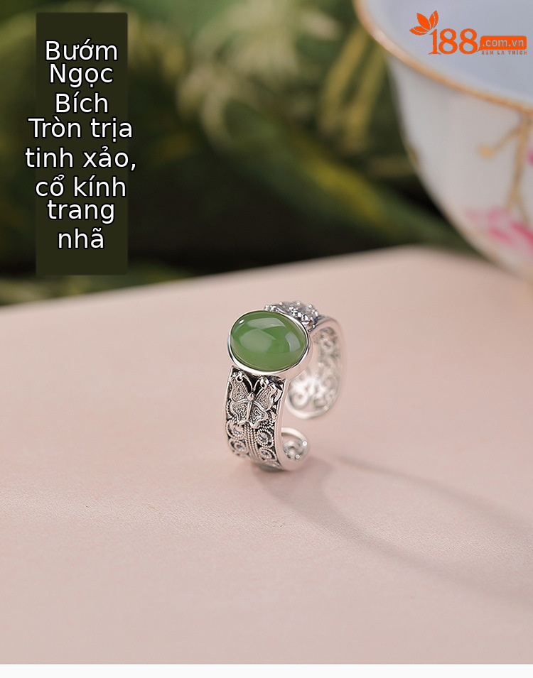 Nhẫn bạc S925 đính ngọc Hetian Jasper hình bướm rỗng vintage — một mảnh chi tiết 1