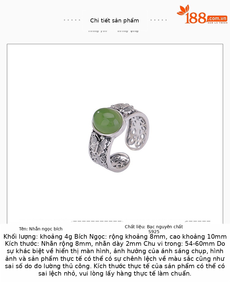 Nhẫn bạc S925 đính ngọc Hetian Jasper hình bướm rỗng vintage — một mảnh chi tiết 2