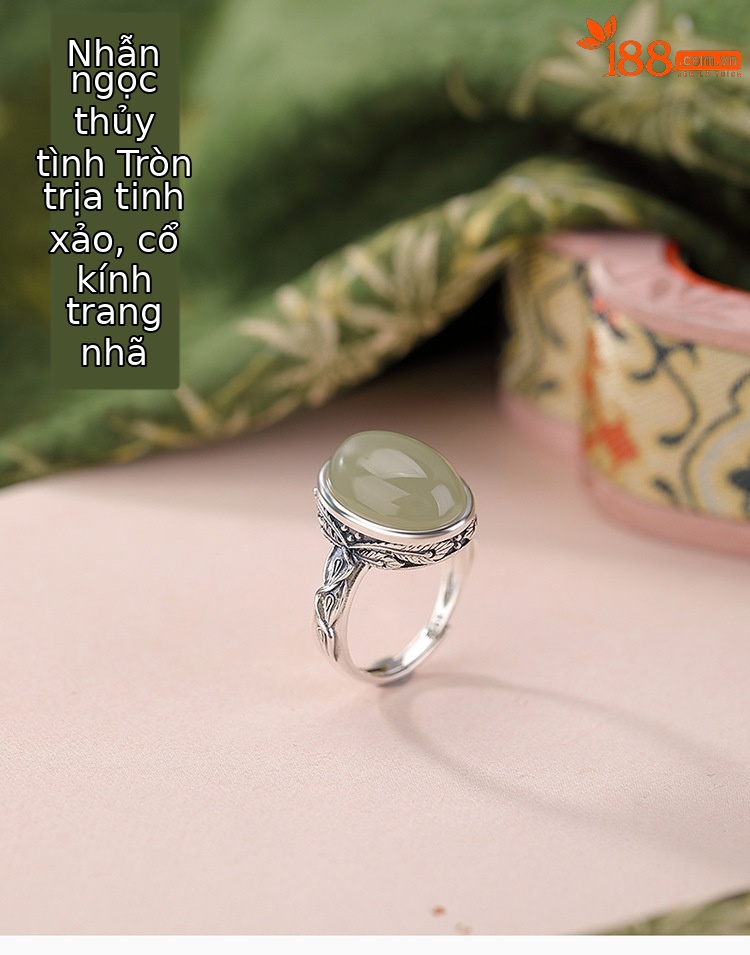 Nhẫn bạc S925 đính ngọc Hetian tự nhiên phong cách vintage mặt trứng mở điều chỉnh — một mảnh chi tiết 1