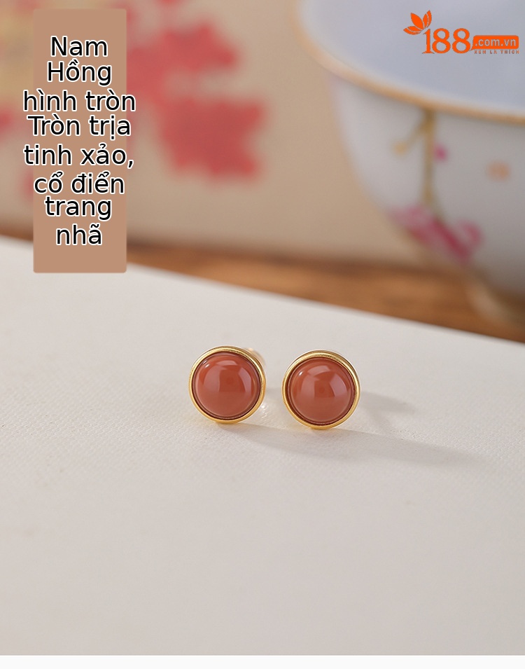 Bông tai bạc S925 mạ vàng đính mã não đỏ phong cách retro Trung Hoa — Một cặp mô hình bạc chi tiết 1