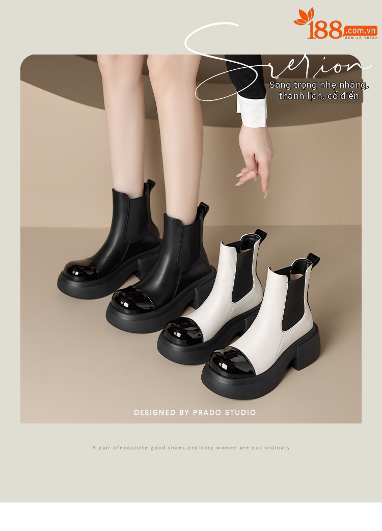 Giày boot Chelsea da thật cổ ngắn phối màu thu đông 2025, gót 6cm đế dày — đen, Màu trắng nhạt chi tiết 2