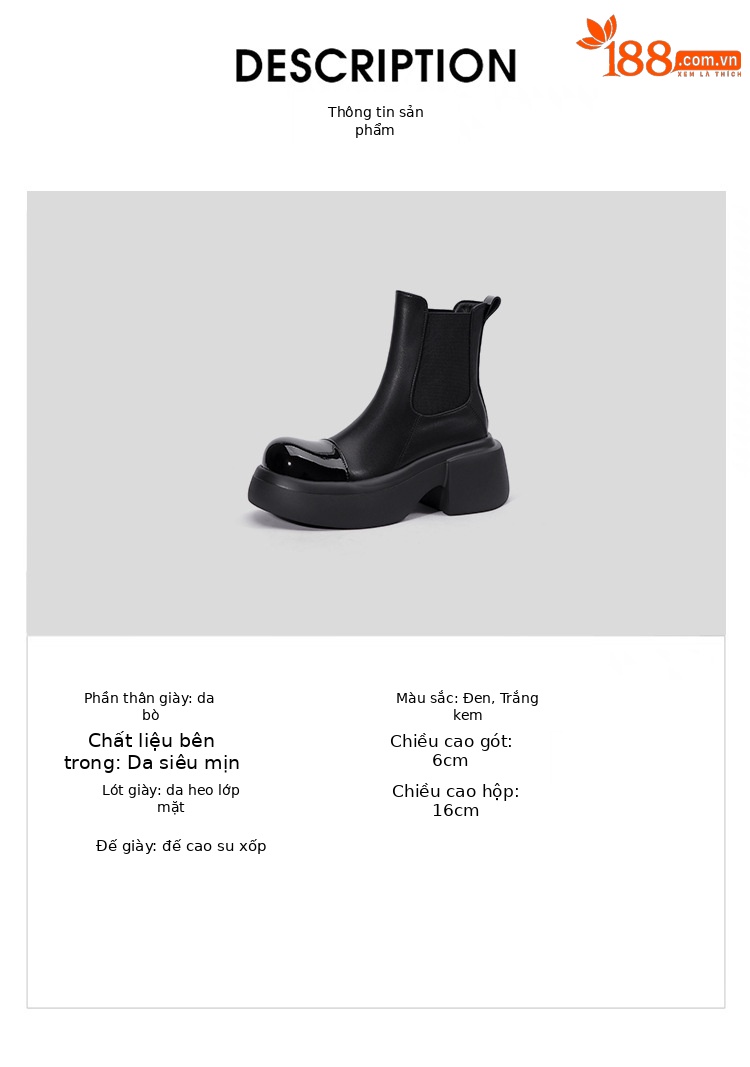 Giày boot Chelsea da thật cổ ngắn phối màu thu đông 2025, gót 6cm đế dày — đen, Màu trắng nhạt chi tiết 3