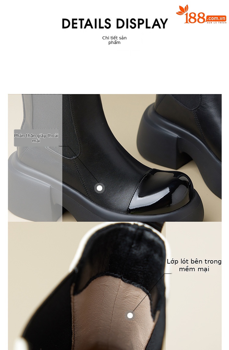 Giày boot Chelsea da thật cổ ngắn phối màu thu đông 2025, gót 6cm đế dày — đen, Màu trắng nhạt chi tiết 15