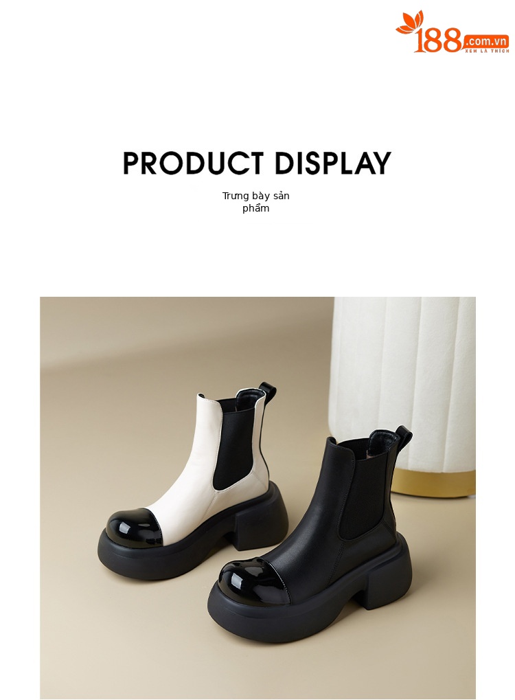 Giày boot Chelsea da thật cổ ngắn phối màu thu đông 2025, gót 6cm đế dày — đen, Màu trắng nhạt chi tiết 18