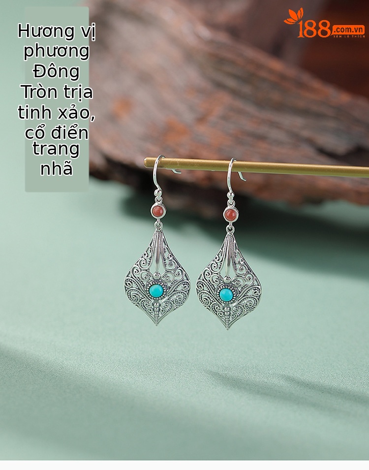 Khuyên tai nữ bạc S925 ngọc lam cuộn hoa văn rỗng phong cách dân tộc — cặp chi tiết 1