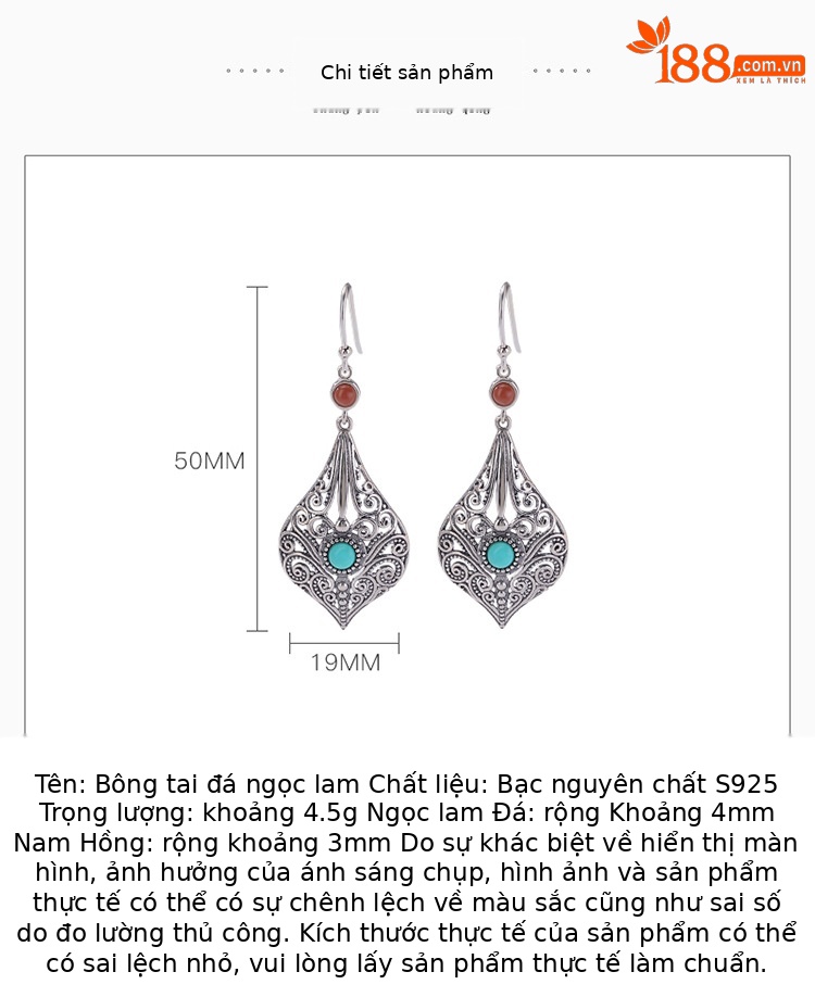 Khuyên tai nữ bạc S925 ngọc lam cuộn hoa văn rỗng phong cách dân tộc — cặp chi tiết 2