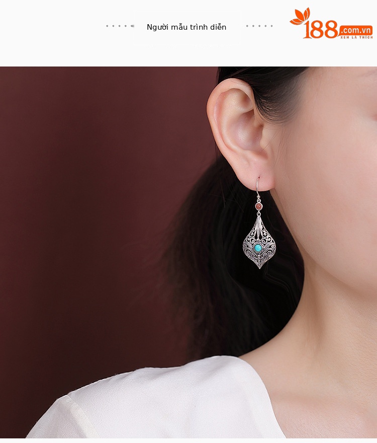 Khuyên tai nữ bạc S925 ngọc lam cuộn hoa văn rỗng phong cách dân tộc — cặp chi tiết 3