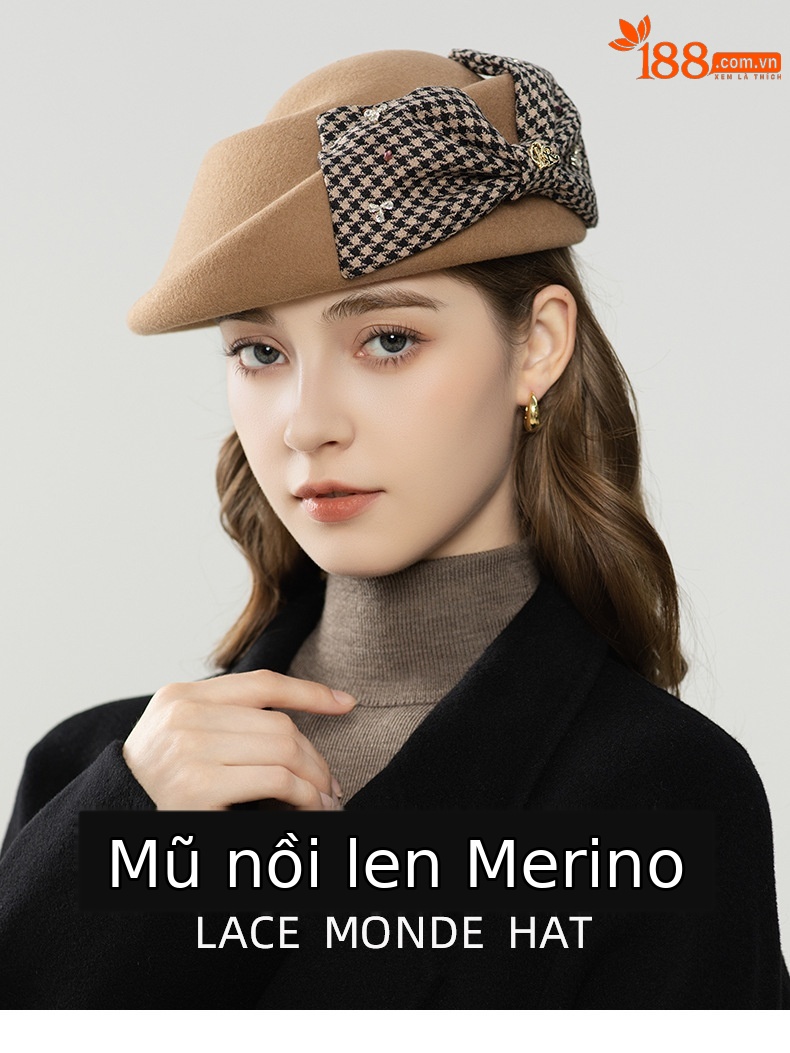 Mũ beret len nữ vành lật kẻ caro nơ phong cách Anh quốc ấm áp — đen chi tiết 1