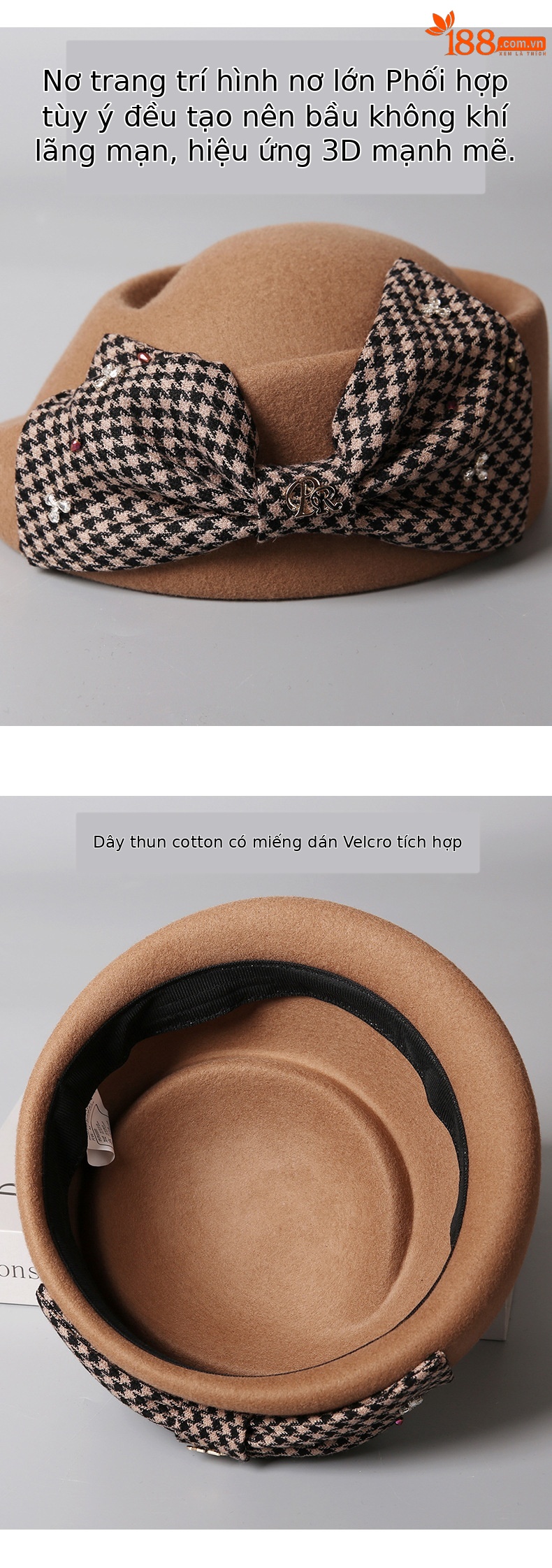 Mũ beret len nữ vành lật kẻ caro nơ phong cách Anh quốc ấm áp — đen chi tiết 3