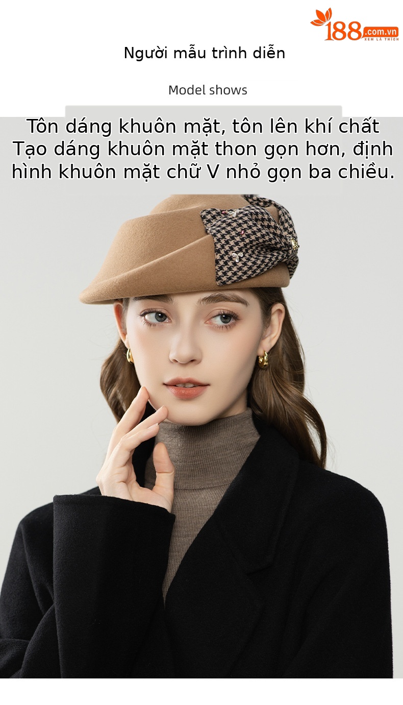 Mũ beret len nữ vành lật kẻ caro nơ phong cách Anh quốc ấm áp — đen chi tiết 4