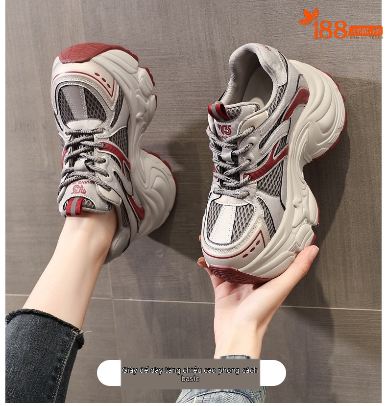 Giày thể thao nữ đế dày lưới thoáng khí, gót 9cm, kiểu dáng mùa hè thu — xám đỏ chi tiết 1