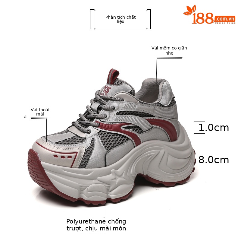 Giày thể thao nữ đế dày lưới thoáng khí, gót 9cm, kiểu dáng mùa hè thu — xám đỏ chi tiết 3