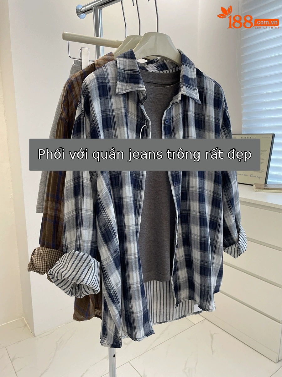 Áo sơ mi nữ dài tay vải gạc cotton hai lớp họa tiết kẻ sọc cổ điển dáng rộng — Kẻ sọc xanh (Bộ sưu tập mùa hè)