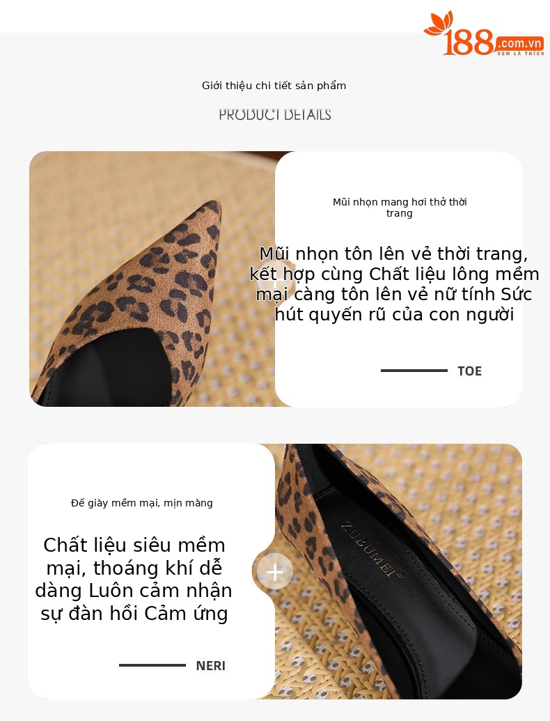 Giày cao gót nữ mũi nhọn da lộn họa tiết báo đốm, gót 5 cm — Nhung đen-5CM chi tiết 1