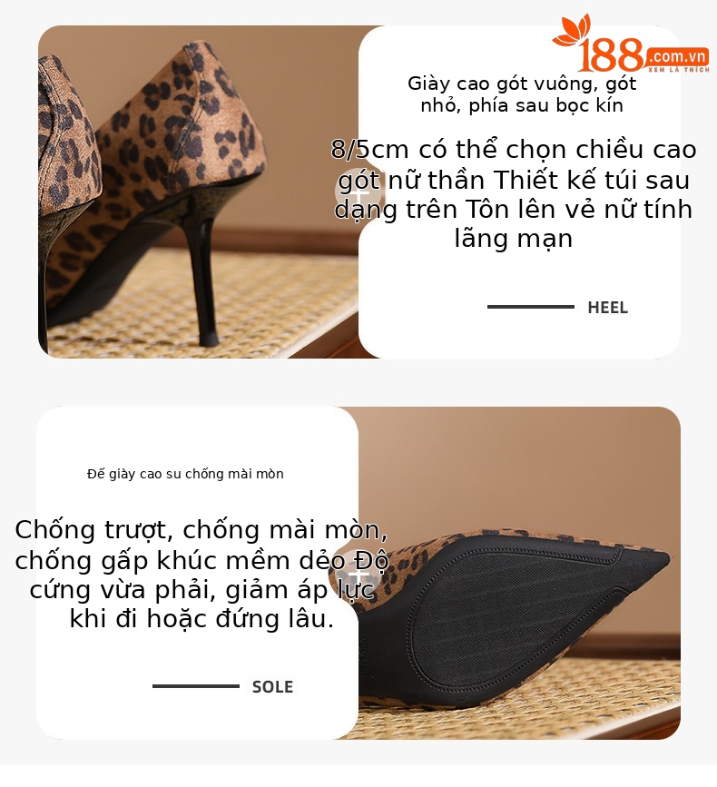 Giày cao gót nữ mũi nhọn da lộn họa tiết báo đốm, gót 5 cm — Nhung đen-5CM chi tiết 2