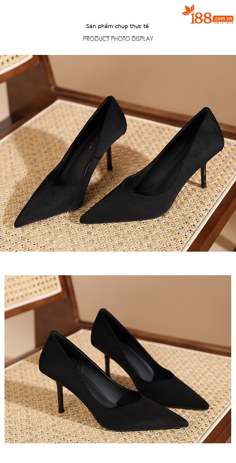 Giày cao gót nữ mũi nhọn da lộn họa tiết báo đốm, gót 5 cm — Nhung đen-5CM chi tiết 7