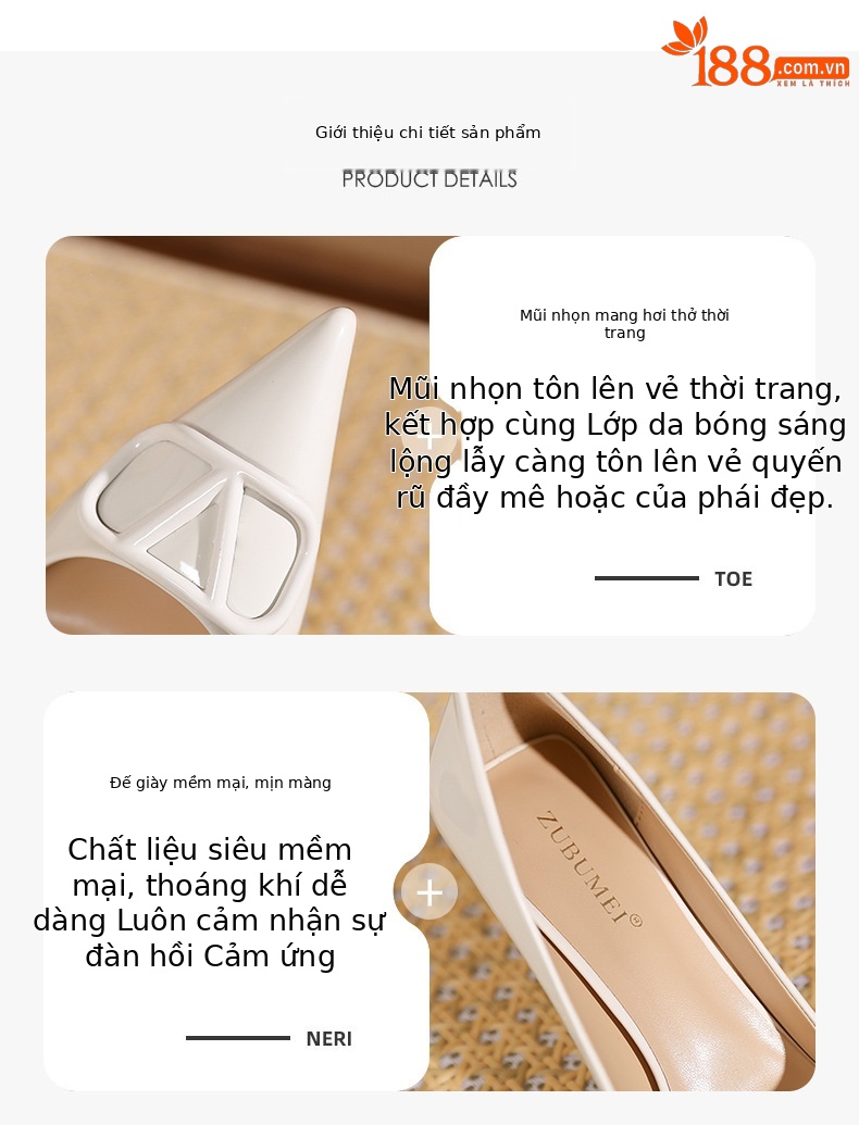 Giày cao gót nữ mũi nhọn gót nhọn da bóng Pháp — bột khỏa thân chi tiết 1