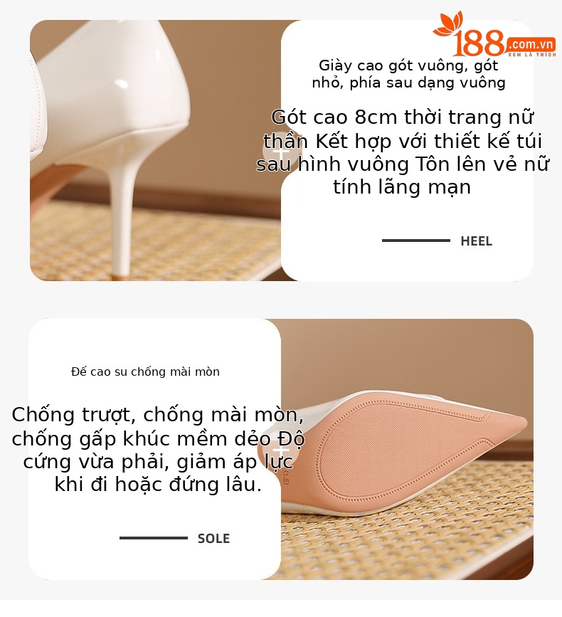 Giày cao gót nữ mũi nhọn gót nhọn da bóng Pháp — bột khỏa thân chi tiết 2