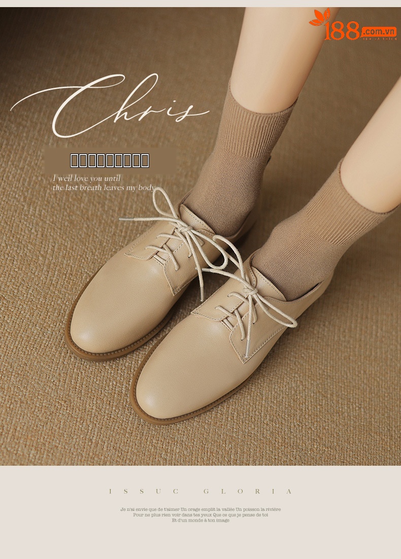 Giày da bò nữ mũi tròn buộc dây đế bằng phong cách retro xuân thu — đen chi tiết 1