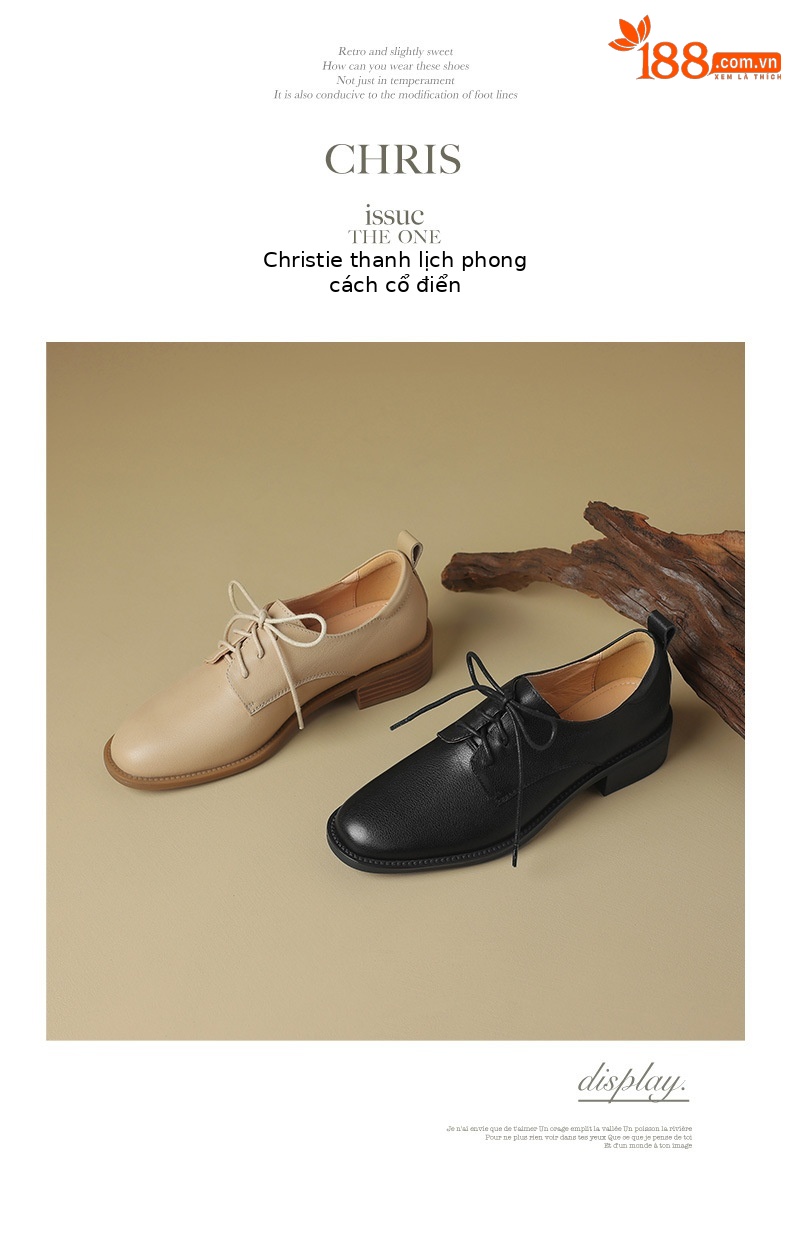 Giày da bò nữ mũi tròn buộc dây đế bằng phong cách retro xuân thu — đen chi tiết 11