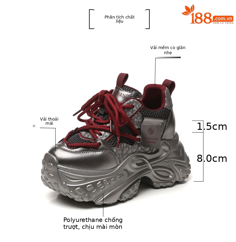 Giày sneaker nữ chunky đế dày tăng chiều cao 11cm phong cách thể thao — Angola Đỏ chi tiết 3