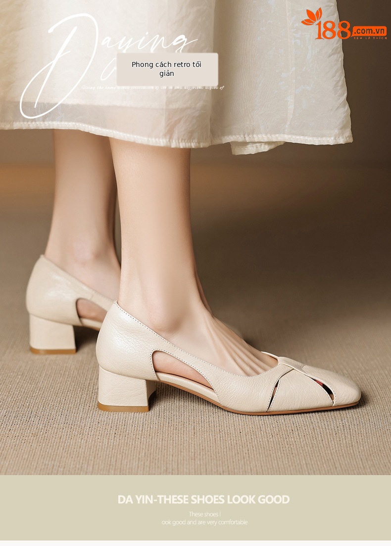 Giày lười nữ mũi vuông gót vừa 5 cm phong cách Hàn Quốc cut out — đen chi tiết 8