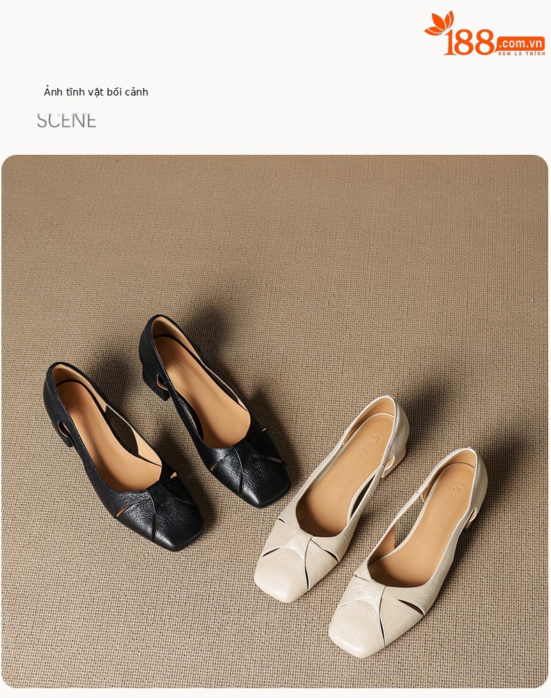 Giày lười nữ mũi vuông gót vừa 5 cm phong cách Hàn Quốc cut out — đen chi tiết 17