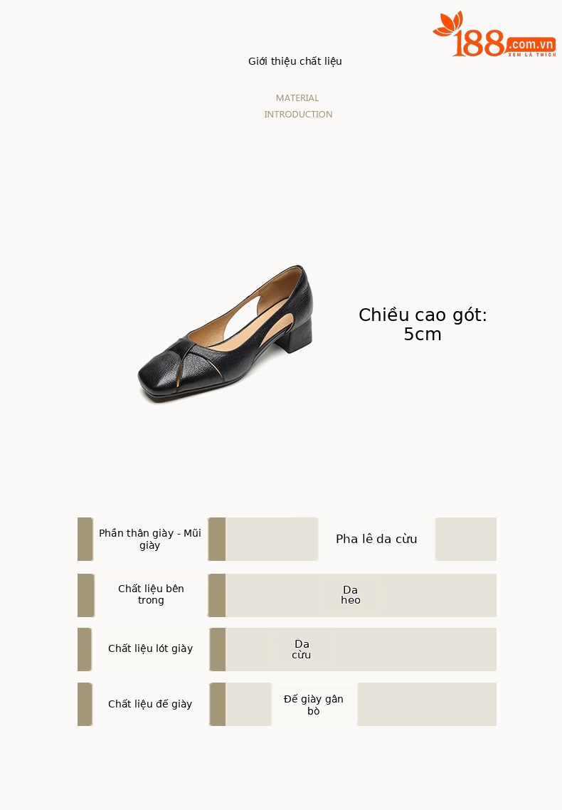 Giày lười nữ mũi vuông gót vừa 5 cm phong cách Hàn Quốc cut out — đen chi tiết 3