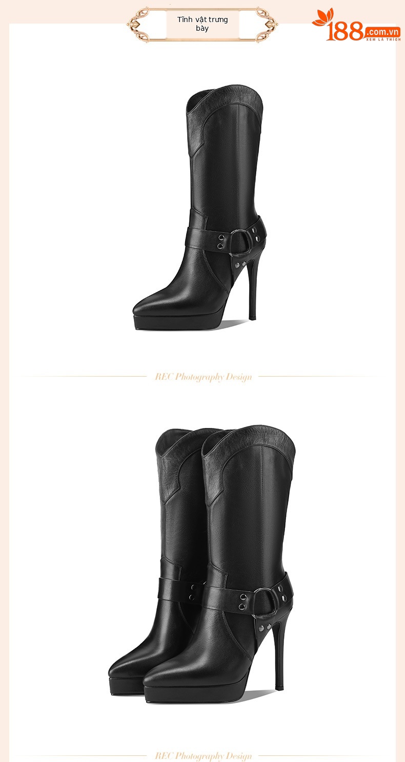 Boot nữ cổ cao ôm bắp chân mũi nhọn da thật, gót platform 10 cm, phong cách retro châu Âu — Lớp lót đơn màu trắng 10cm chi tiết 2