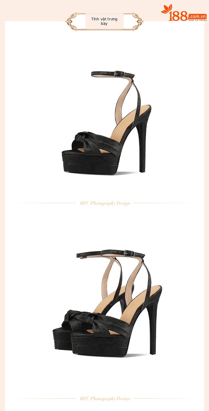 Sandal cao gót nữ mũi tròn hở mũi, quai một chữ, đế platform, gót siêu cao 12 cm, phong cách Âu Mỹ — sâm panh chi tiết 2