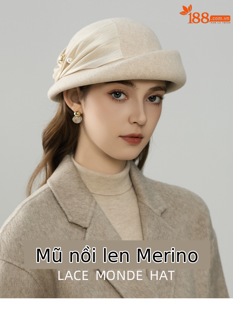 Mũ beret nữ kiểu Pháp chất liệu lanh tơ tằm trang trí ngọc trai, mùa thu đông — đen chi tiết 1