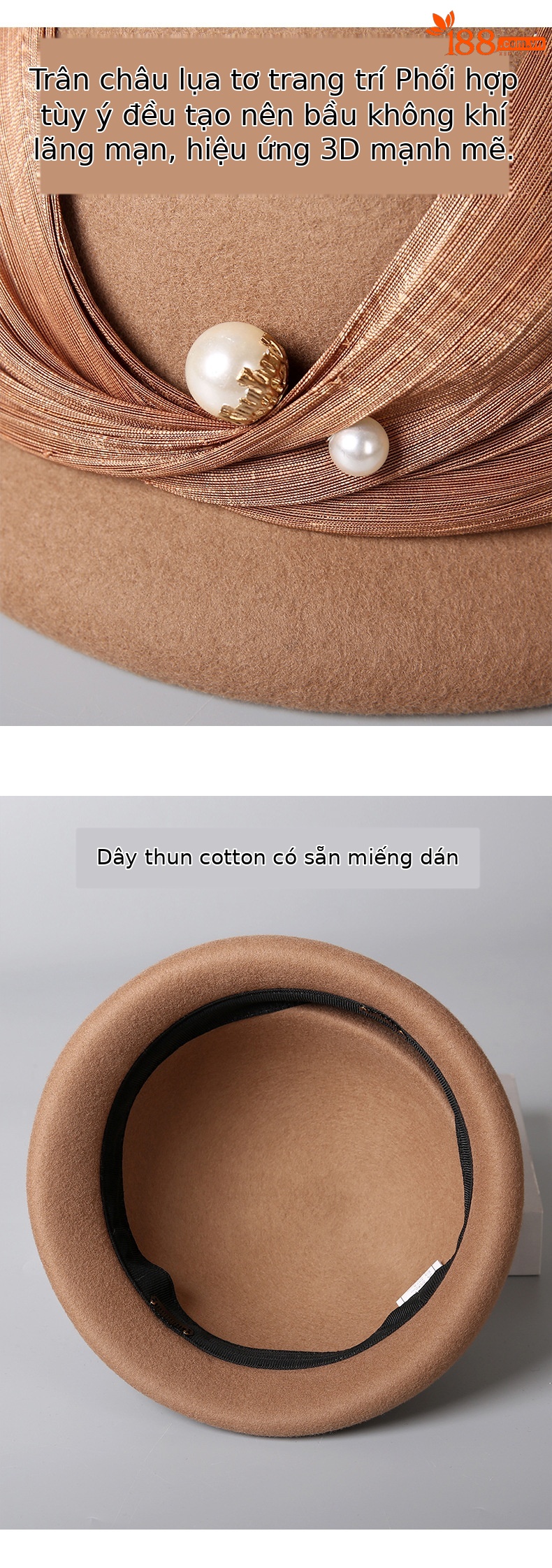 Mũ beret nữ kiểu Pháp chất liệu lanh tơ tằm trang trí ngọc trai, mùa thu đông — đen chi tiết 3