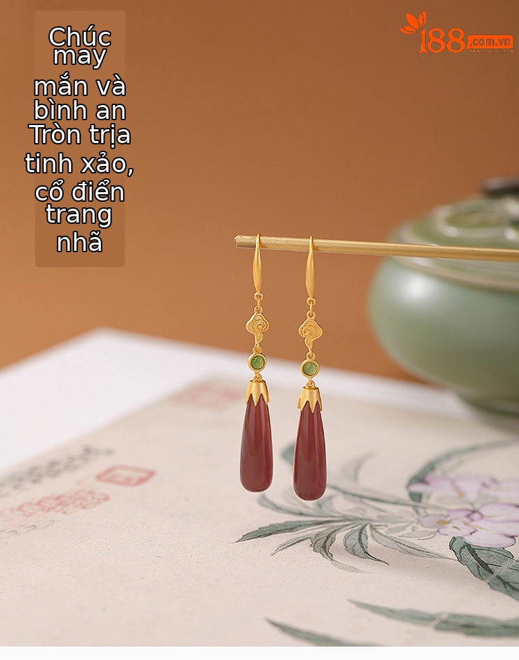Bông tai dài bạc S925 mạ vàng đính mã não đỏ phong cách Trung Hoa — một cặp chi tiết 1