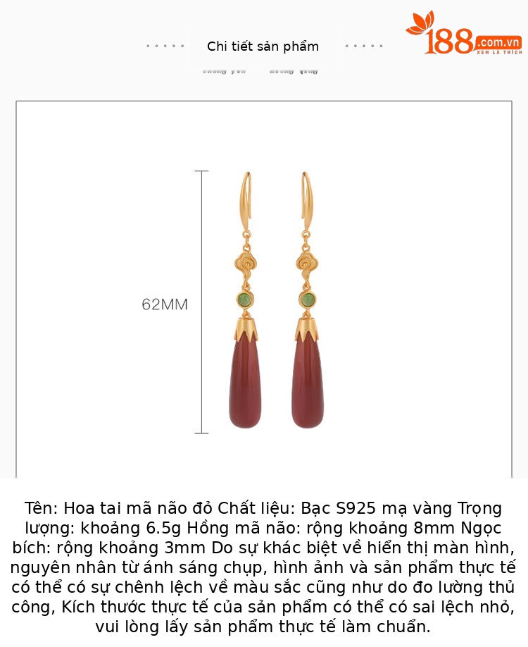 Bông tai dài bạc S925 mạ vàng đính mã não đỏ phong cách Trung Hoa — một cặp chi tiết 2