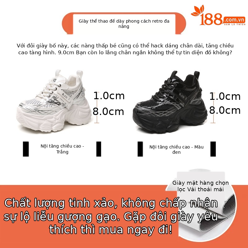Giày sneaker nữ đế dày platform tăng chiều cao phong cách hot trend — đen