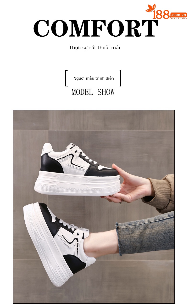 Giày sneaker nữ đế xuồng 8cm tăng chiều cao phong cách đa năng — đen chi tiết 11