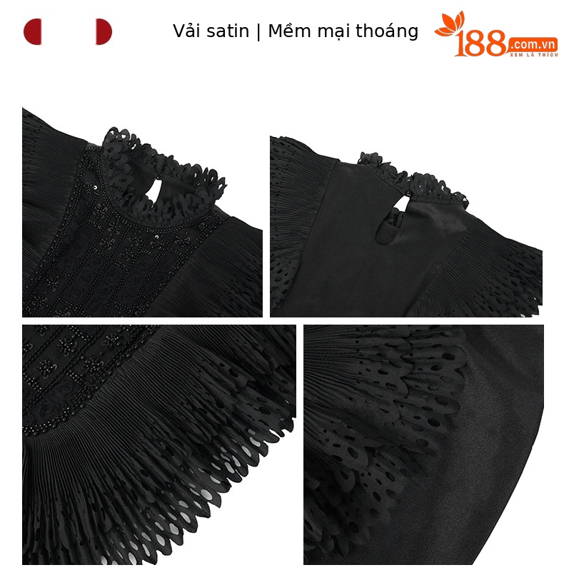 Áo sơ mi nữ kiểu Pháp đính hạt nặng xếp nếp ôm dáng — đen chi tiết 4