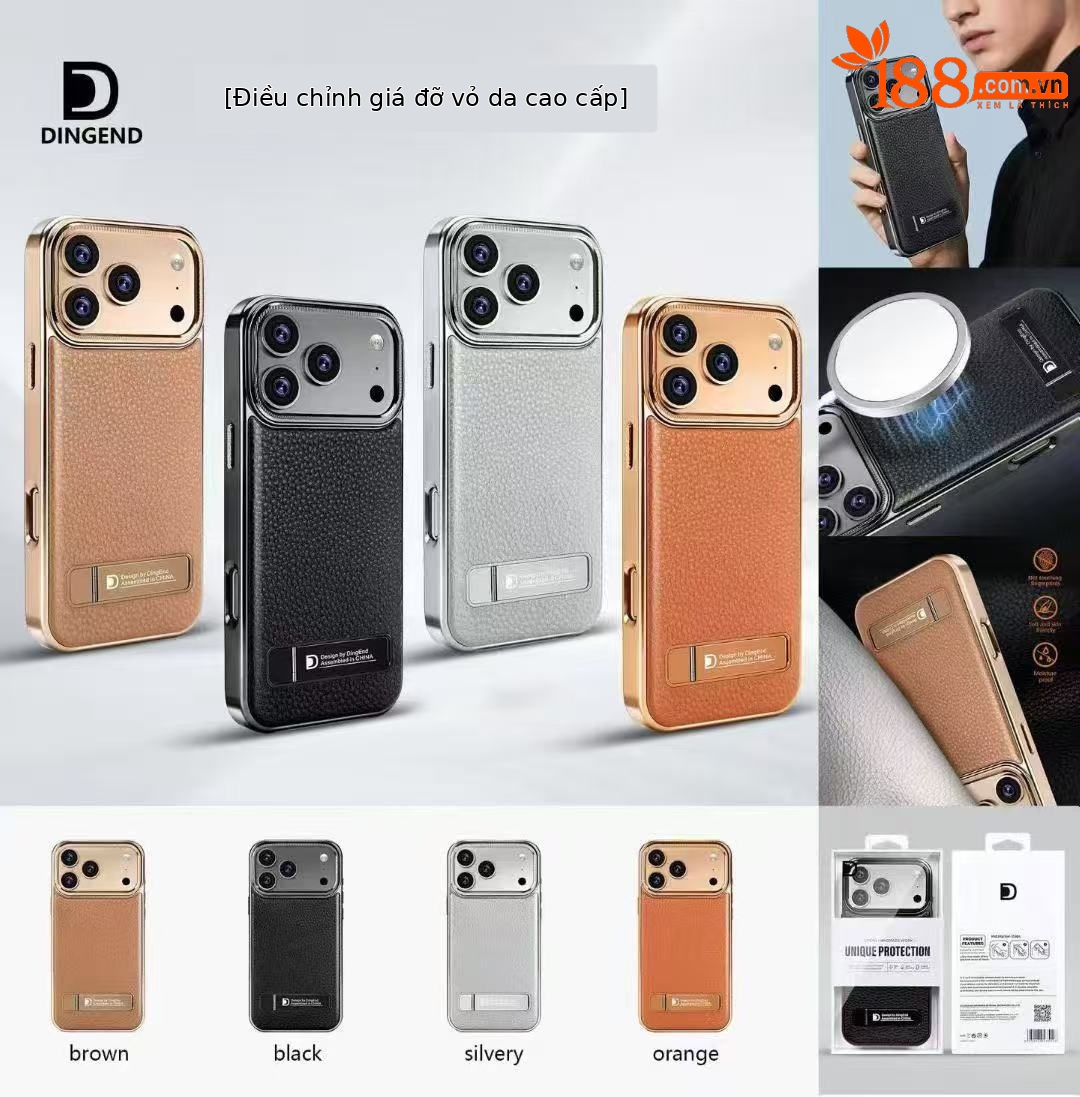 Ốp lưng iPhone 17 Pro Max chống sốc, có chân đứng, họa tiết vải da Apple nhập khẩu — đen, xám, màu nâu, màu cam chi tiết 16