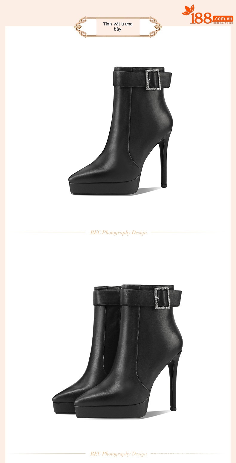 Boot nữ da thật mũi nhọn gót siêu cao 10 cm phong cách Hàn Quốc cổ thấp khóa kim loại — Nhung cừu đen 10cm chi tiết 1