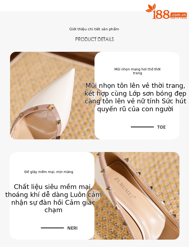 Giày cao gót mũi nhọn đinh tán quyến rũ, giày công sở nữ thanh lịch — bột khỏa thân chi tiết 1