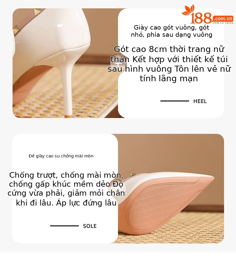 Giày cao gót mũi nhọn đinh tán quyến rũ, giày công sở nữ thanh lịch — bột khỏa thân chi tiết 2