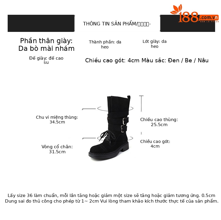 Boot cao bồi cổ trung bình da bò lộn phong cách retro, gót thấp khóa thắt lưng — đen, màu nâu sẫm, kaki chi tiết 3